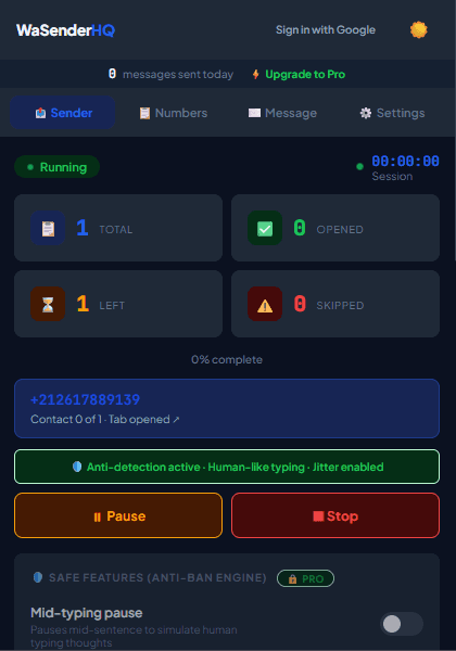 WaSenderHQ pace controls and campaign review interface