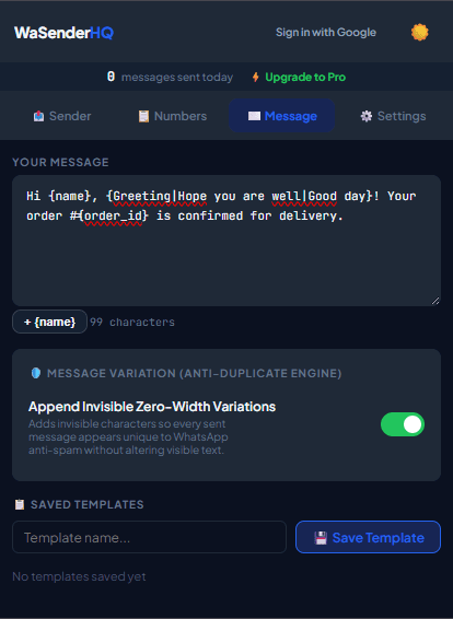 WaSenderHQ message variation and personalized field preview