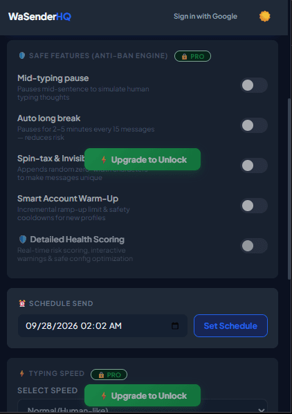 WaSenderHQ campaign scheduler with a selected future start time